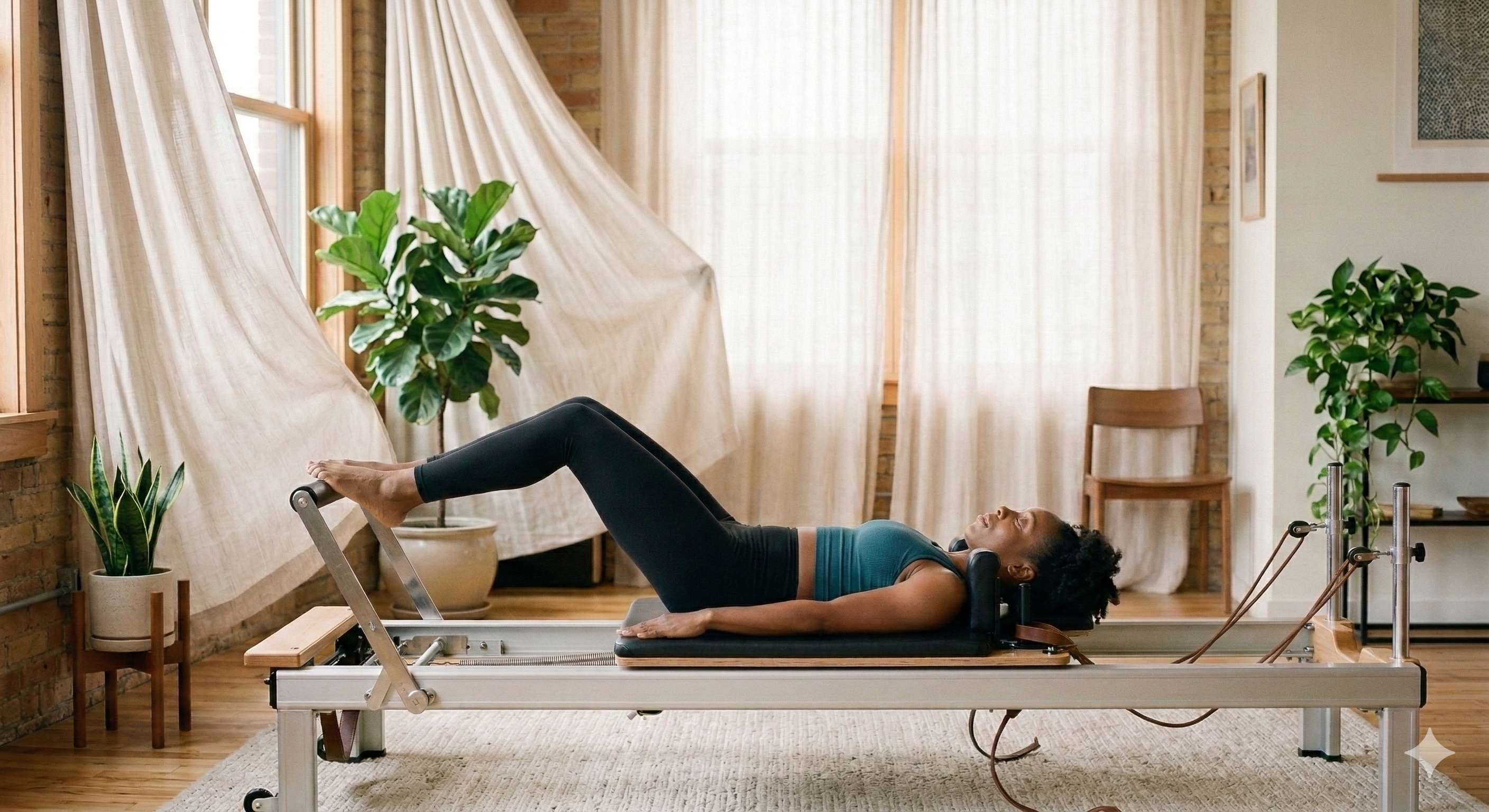 Client on Pilates reformer in a warm studio