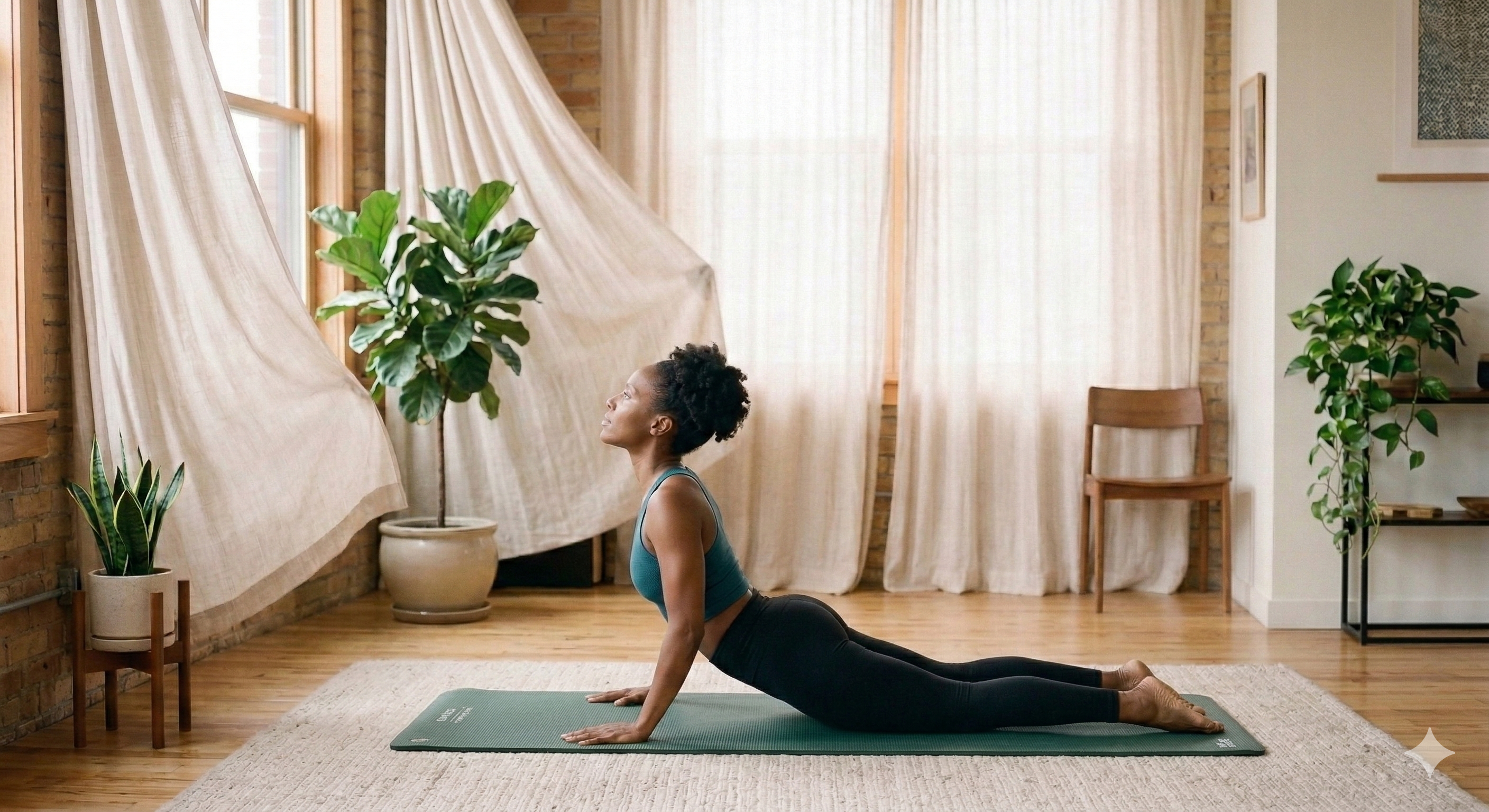 Woman practicing Pilates cobra pose in a sunlit studio